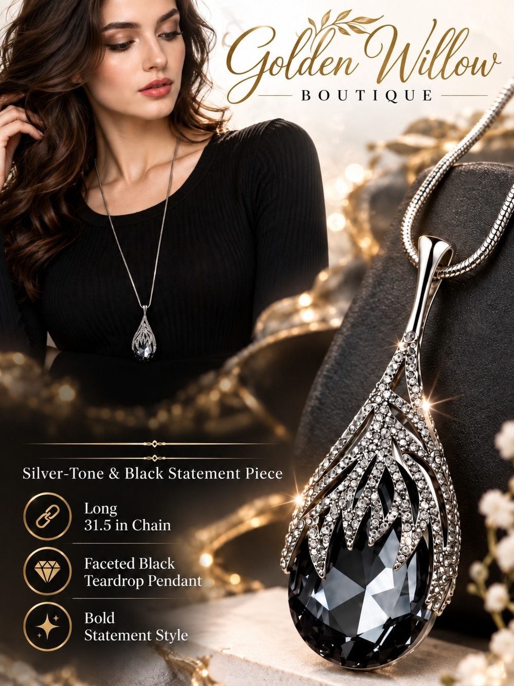 Silver-Tone Necklace with Black Faceted Crystal Teardrop Pendant